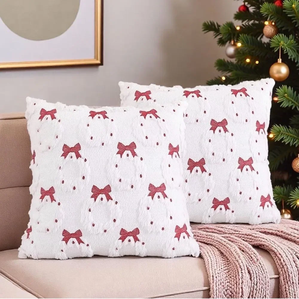 Set of 2 Christmas Wreath Faux Fur Throw Pillow Covers 18x18 inch